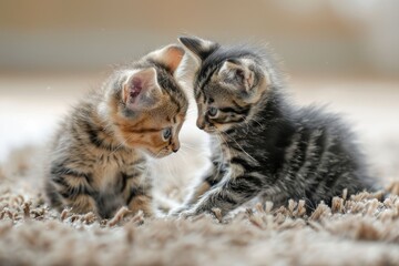 Two playful kittens playing on a carpet