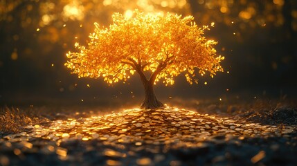 A tree with golden leaves growing from a bed of coins, representing the concept of wealth creation and flourishing investments.