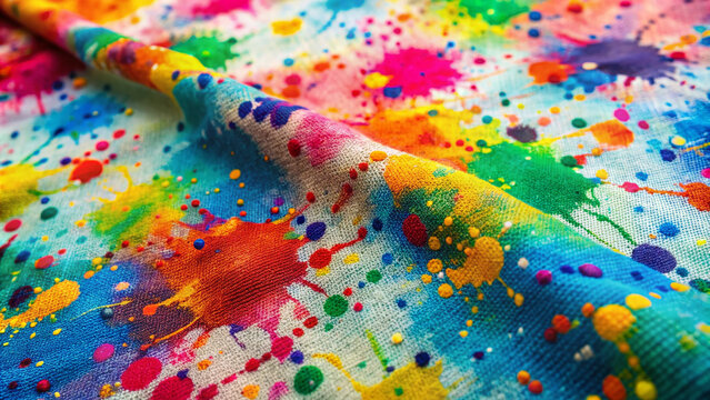 Vibrant colorful ink splatters on a freshly screen-printed fabric, showcasing a unique texture and abstract pattern with subtle gradient effects and subtle fabric weave details.