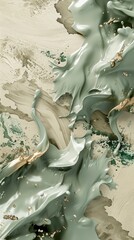 An engaging 3D abstract scene showcasing earthy green watercolor splashes, coarse beige grunge textures, and shiny bronze metallic accents