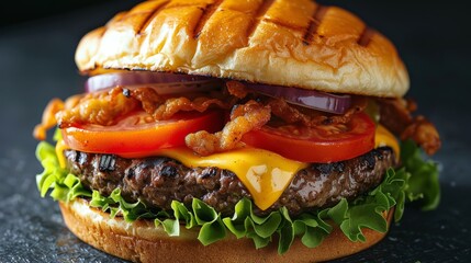 Juicy grilled hamburger with fresh toppings served on a toasted bun in a cozy diner setting