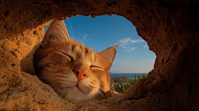 Ginger Cat Sleeping On A Rock In A Cave Above Ramla Bay Beach At Sunset