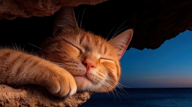 Ginger Cat Sleeping On A Rock In A Cave Above Ramla Bay Beach At Sunset