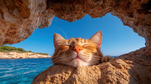 Ginger Cat Sleeping On A Rock In A Cave Above Ramla Bay Beach At Sunset