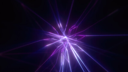 Abstract bright purple glowing background with flying neon star lines made of energy particles and light rays