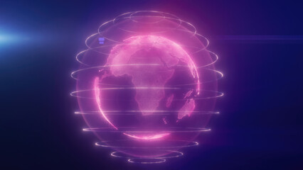 A digital representation of purple Earth with glowing lines encircling the planet, highlighting global connectivity and technology