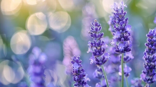 Blooming lavender flowers in a field with a peaceful, tranquil background of green and yellow bokeh, eliciting the beauty of nature
