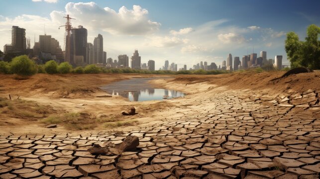 Dried lake and river on summer. Water crisis and climate change. Neural network ai generated art