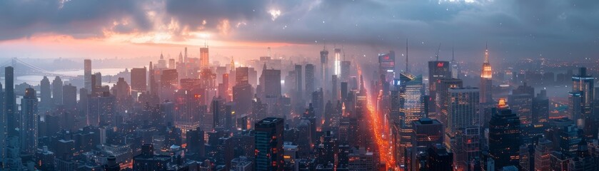 Fototapeta premium Cityscape at dawn, high-rise buildings bathed in the soft morning light, bustling streets coming to life, a blend of urban energy and tranquility