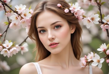 Naklejka premium portrait of a woman with pink flowers, ai
