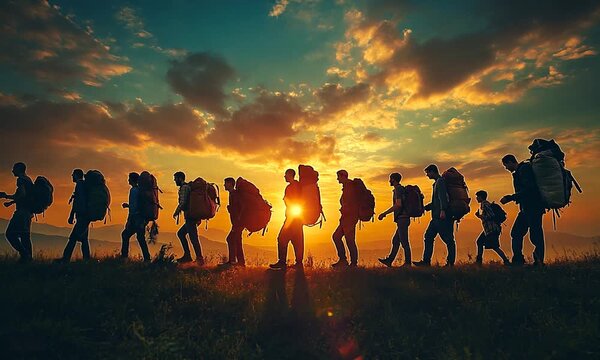 group patriot walking on sunset