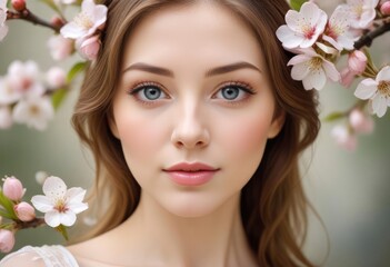 portrait of a woman with pink flowers, ai