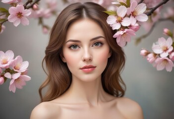 Naklejka premium portrait of a woman with pink flowers, ai