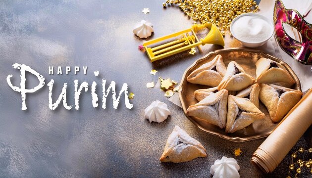 Jewish carnival Purim celebration on hamantaschen cookies, noisemaker and mask with parchment
