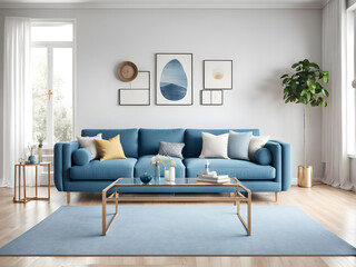 Bright home living room interior with blue sofa, glass coffee table with decoration, carpet on hardwood floor. Relax space with scandinavian design. 3D rendering