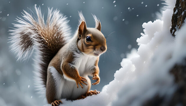 A small fluffy tailed squirrel climbs a steep, snowy cliff
