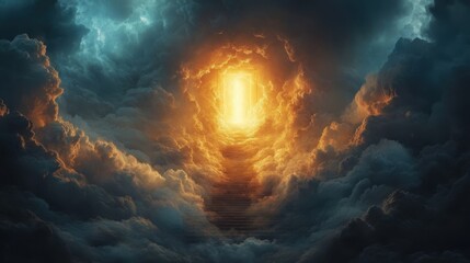 Ascending Staircase to Heaven: Glowing Clouds and Divine Light Doorway.