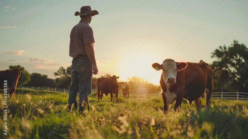 Poster A man stands in a field with cows