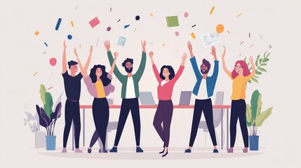 A positive and encouraging workplace environment with team members collaborating and celebrating successes, fostering an uplifting and supportive atmosphere.