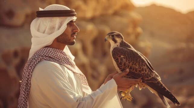 Portrait arabic middle&nbsp;eastern man wearing arab kandura holding falcon in the desert