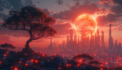 Obraz premium Red Moon Over Futuristic Cityscape