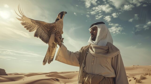 Portrait arabic middle&nbsp;eastern man wearing arab kandura holding falcon in the desert