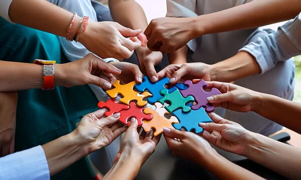Top view multiethnic business people holding jigsaw pieces and merge them together as effective solution solving teamwork
