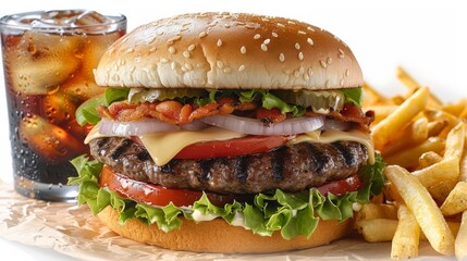 A delicious cheeseburger with bacon served alongside crispy fries and a chilled soda