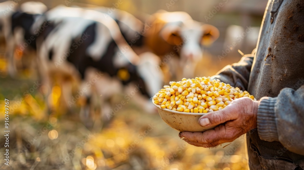Aufkleber a man is holding a bowl of corn in a field with cows in the background