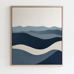 A painting of a mountain range with a blue and white color scheme. The painting is framed and placed on a white wall