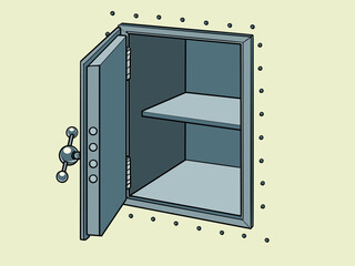 Pop Art Retro Empty metal open safe. The problem of theft and leakage of financial investments. Working on bank security for clients.