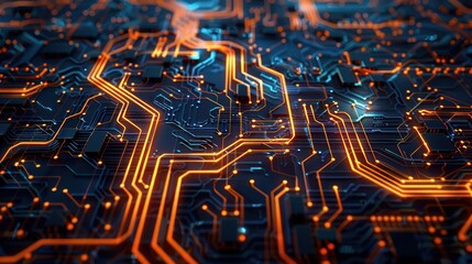 An intricate 3D abstract background where neon orange circuitry forms a labyrinthine network over a deep, midnight blue backdrop