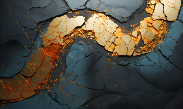 Cracked Blue Ceramic with Kintsugi Gold Inlay