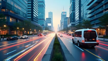 Naklejka premium The futuristic city with modern cars and skyscrapers downtown in an evening transportation system