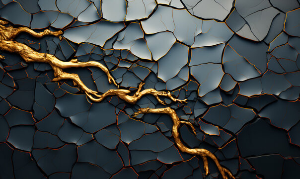 Abstract Gold and Blue Kintsugi Ceramic Design