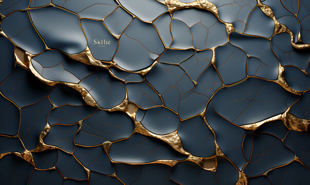 Golden Veins in Blue Kintsugi Ceramic Art