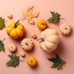 Multicolored pumpkins below on peach fuzz background Thanksgiving, autumn leaves, banner. Halloween party