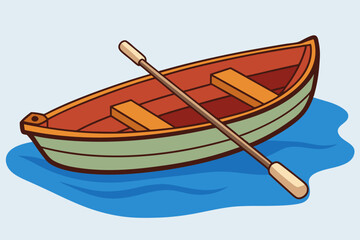 A small wooden rowing boat floating on water art vector illustration