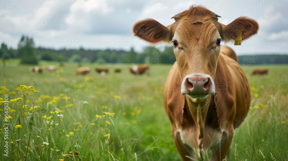 Poster A cow is standing in a field of grass with other cows in the background