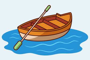 A small wooden rowing boat floating on water art vector illustration