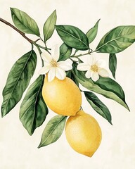 lemon branches with vibrant green leaves white flowers, Watercolor botanical illustration of The lemons are bright yellow, the branches are brown, the leaves are lush green, and the flowers are pure w