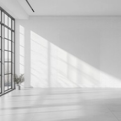Fototapeta premium A white room with a large white wall and a window. The room is empty and has a minimalist feel