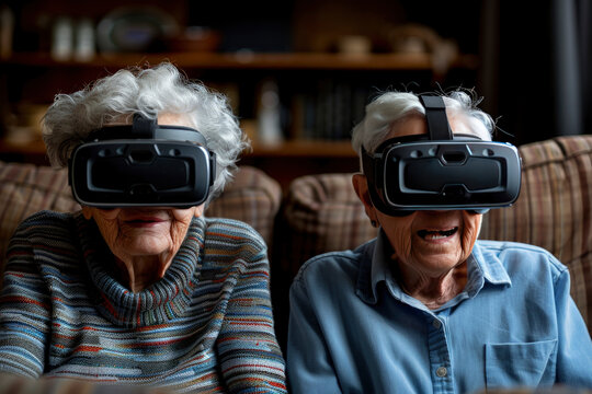 elderly couple discover world of virtual reality in VR headsets, surprised and delighted. artificial intelligence, future technology concept.