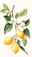 lemon branches with vibrant green leaves white flowers, Watercolor botanical illustration of The lemons are bright yellow, the branches are brown, the leaves are lush green, and the flowers are pure w