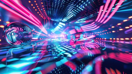 An immersive Virtual Reality Dance Party scene with mesmerizing Abstract Art Visuals, depicted in a tilted angle view using CG 3D rendering