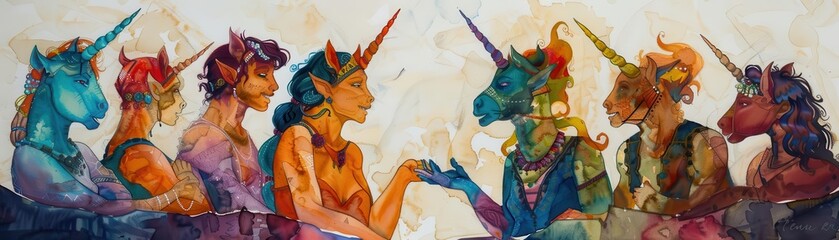 Capture a centaur tribe discussing team strategy, embodying unity and coordination, on a dynamic tilted angle view, painted in vibrant watercolors