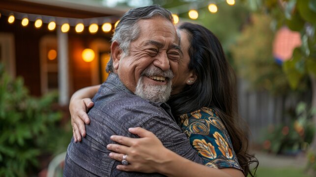 Love and passion in retirement: happy senior couple cuddle in garden. Outdoors, summer, and mature couples hugging. Weekend outdoor relaxation for seniors: marriage, loyalty, and a grin.