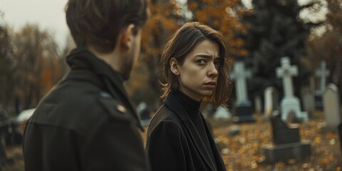 Cemetery funeral rose, death, or sorrowful woman. reverent Christian burial. Mourner, melancholy, or graveyard someone thinking of a loss or goodbye