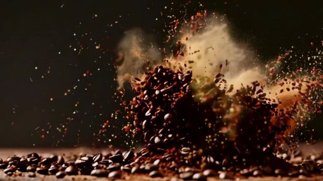 Coffee bean exploded, causing the ground dust to explode in midair.
