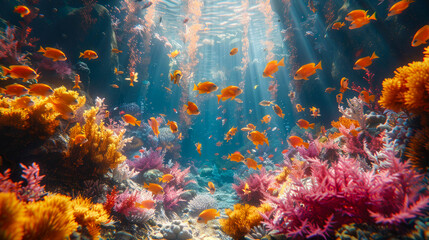 A vibrant underwater scene with colorful corals and orange fish swimming in crystal